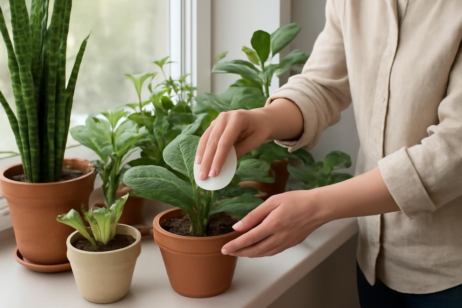 Person tending a variety of houseplants on a windowsill, wiping leaves and checking soil