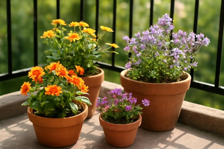 Containers with colorful flowers on a sunny balcony attracting bees