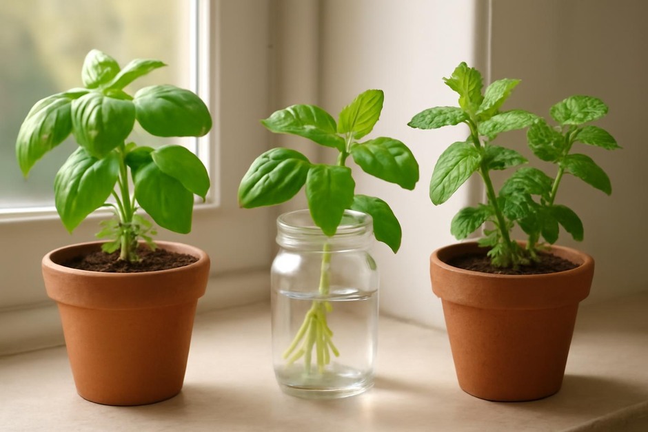 Basil and mint growing in small glass jars and terracotta pots on a sunny windowsill