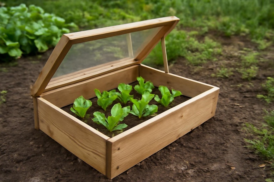 A small wooden cold frame with a clear lid sitting over young lettuce plants