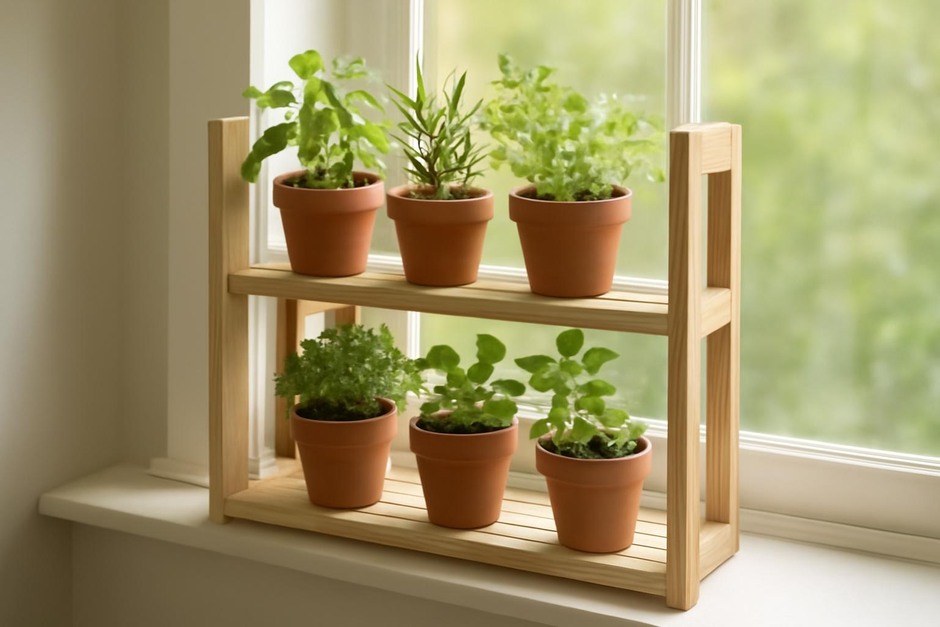 Wooden shelf with small herb pots lined along a sunny windowsill